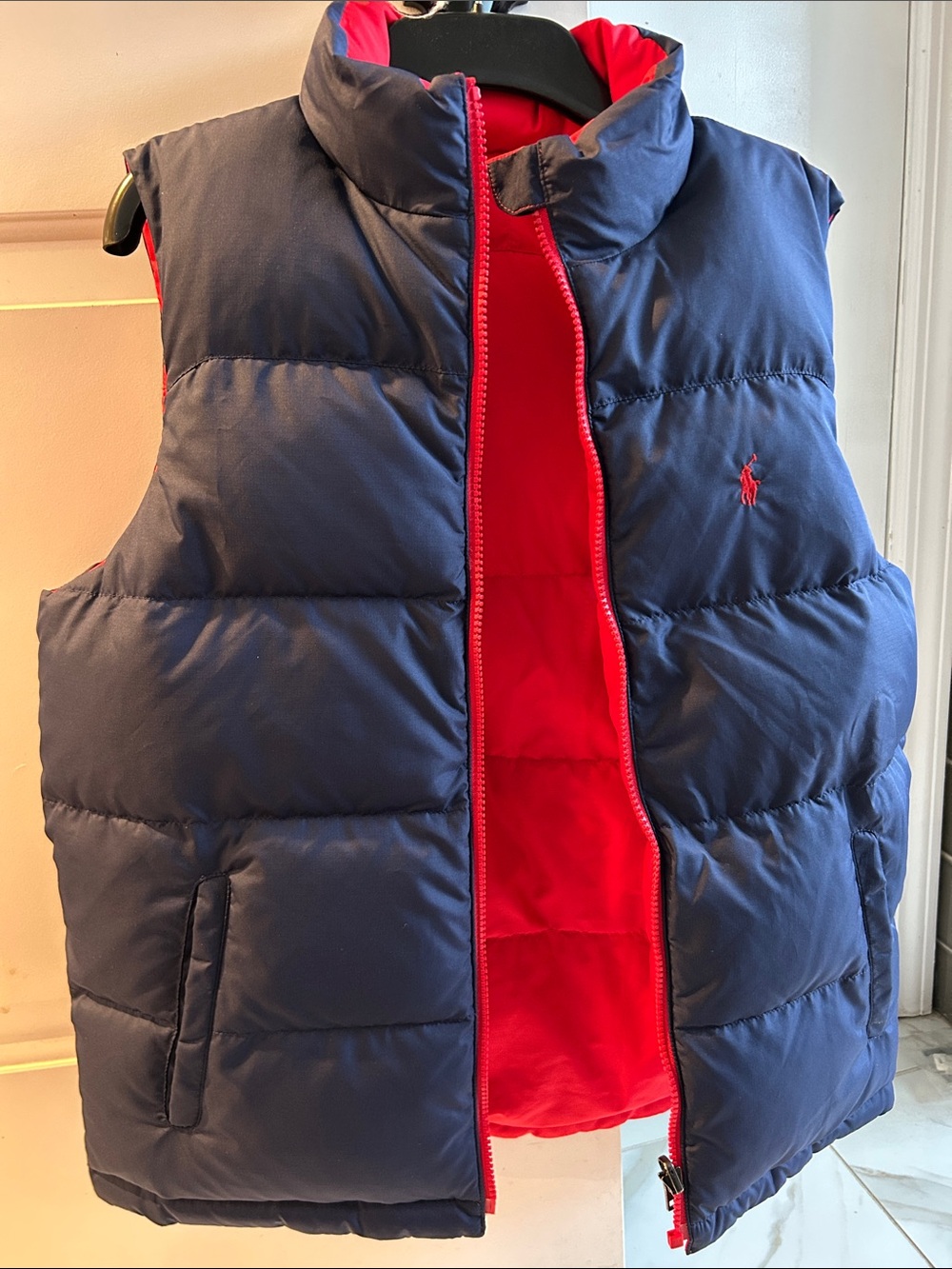 Polo by Ralph Lauren Navy and Red Reversible Puffer Vest boys size large 14-16
